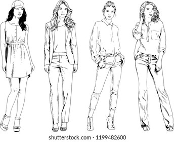 vector drawings on the theme of beautiful slim sporty girl in casual clothes in various poses painted ink hand sketch with no background