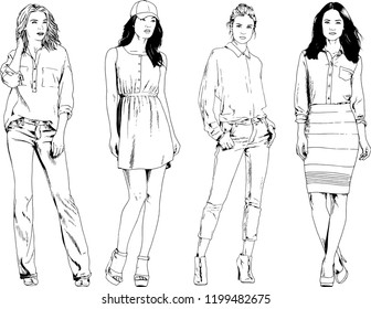 vector drawings on the theme of beautiful slim sporty girl in casual clothes in various poses painted ink hand sketch with no background
