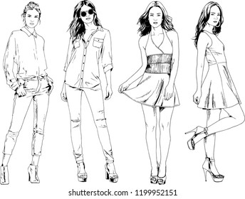 vector drawings on the theme of beautiful slim sporty girl in casual clothes in various poses painted ink hand sketch with no background