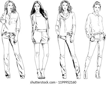 vector drawings on the theme of beautiful slim sporty girl in casual clothes in various poses painted ink hand sketch with no background