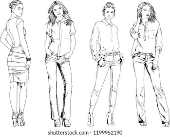 vector drawings on the theme of beautiful slim sporty girl in casual clothes in various poses painted ink hand sketch with no background