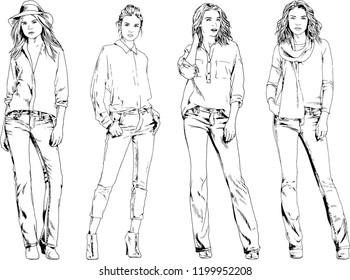 vector drawings on the theme of beautiful slim sporty girl in casual clothes in various poses painted ink hand sketch with no background
