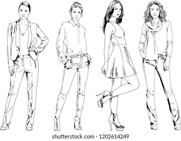 vector drawings on the theme of beautiful slim sporty girl in casual clothes in various poses painted ink hand sketch with no background