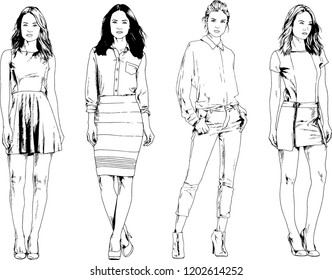 vector drawings on the theme of beautiful slim sporty girl in casual clothes in various poses painted ink hand sketch with no background