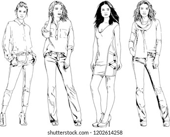 vector drawings on the theme of beautiful slim sporty girl in casual clothes in various poses painted ink hand sketch with no background