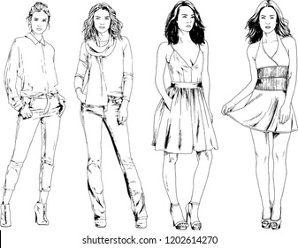 vector drawings on the theme of beautiful slim sporty girl in casual clothes in various poses painted ink hand sketch with no background
