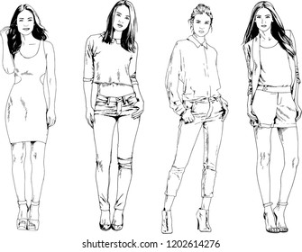 vector drawings on the theme of beautiful slim sporty girl in casual clothes in various poses painted ink hand sketch with no background