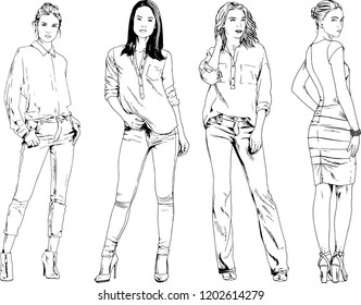 vector drawings on the theme of beautiful slim sporty girl in casual clothes in various poses painted ink hand sketch with no background