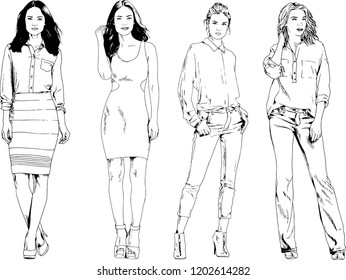 vector drawings on the theme of beautiful slim sporty girl in casual clothes in various poses painted ink hand sketch with no background