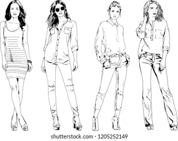 vector drawings on the theme of beautiful slim sporty girl in casual clothes in various poses painted ink hand sketch with no background
