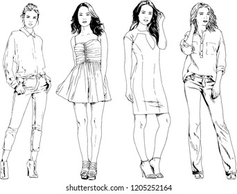 vector drawings on the theme of beautiful slim sporty girl in casual clothes in various poses painted ink hand sketch with no background
