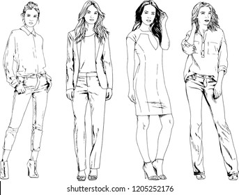 vector drawings on the theme of beautiful slim sporty girl in casual clothes in various poses painted ink hand sketch with no background
