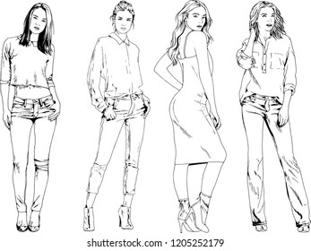 vector drawings on the theme of beautiful slim sporty girl in casual clothes in various poses painted ink hand sketch with no background
