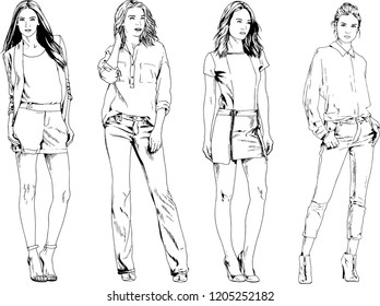 vector drawings on the theme of beautiful slim sporty girl in casual clothes in various poses painted ink hand sketch with no background
