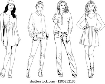 vector drawings on the theme of beautiful slim sporty girl in casual clothes in various poses painted ink hand sketch with no background
