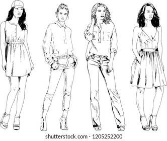 vector drawings on the theme of beautiful slim sporty girl in casual clothes in various poses painted ink hand sketch with no background
