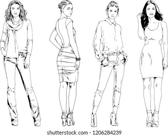 vector drawings on the theme of beautiful slim sporty girl in casual clothes in various poses painted ink hand sketch with no background