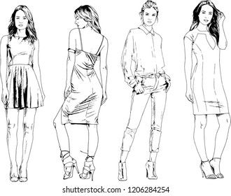 vector drawings on the theme of beautiful slim sporty girl in casual clothes in various poses painted ink hand sketch with no background