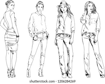 vector drawings on the theme of beautiful slim sporty girl in casual clothes in various poses painted ink hand sketch with no background