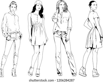 vector drawings on the theme of beautiful slim sporty girl in casual clothes in various poses painted ink hand sketch with no background
