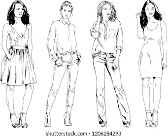 vector drawings on the theme of beautiful slim sporty girl in casual clothes in various poses painted ink hand sketch with no background