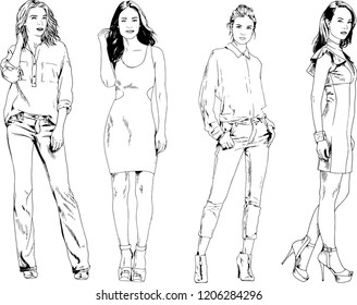 vector drawings on the theme of beautiful slim sporty girl in casual clothes in various poses painted ink hand sketch with no background