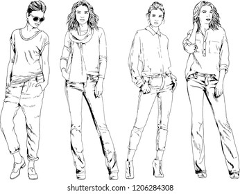 vector drawings on the theme of beautiful slim sporty girl in casual clothes in various poses painted ink hand sketch with no background