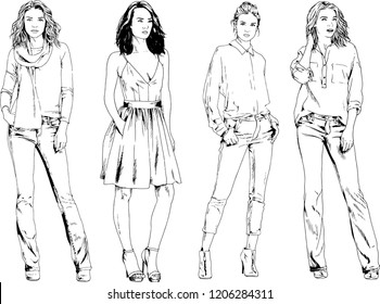 vector drawings on the theme of beautiful slim sporty girl in casual clothes in various poses painted ink hand sketch with no background