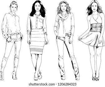 vector drawings on the theme of beautiful slim sporty girl in casual clothes in various poses painted ink hand sketch with no background