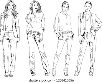 dibujos vectoriales sobre el tema de una bella deportista delgada con ropa casual en varias poses boceto pintado con tinta de mano sin fondo