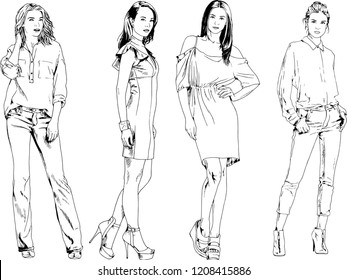 vector drawings on the theme of beautiful slim sporty girl in casual clothes in various poses painted ink hand sketch with no background
