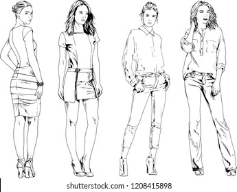 vector drawings on the theme of beautiful slim sporty girl in casual clothes in various poses painted ink hand sketch with no background