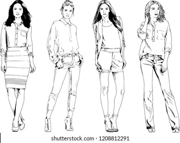 vector drawings on the theme of beautiful slim sporty girl in casual clothes in various poses painted ink hand sketch with no background