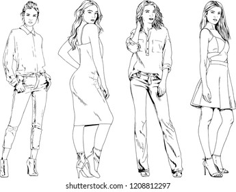 vector drawings on the theme of beautiful slim sporty girl in casual clothes in various poses painted ink hand sketch with no background