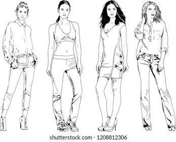 vector drawings on the theme of beautiful slim sporty girl in casual clothes in various poses painted ink hand sketch with no background