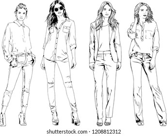 vector drawings on the theme of beautiful slim sporty girl in casual clothes in various poses painted ink hand sketch with no background