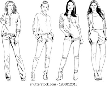 vector drawings on the theme of beautiful slim sporty girl in casual clothes in various poses painted ink hand sketch with no background