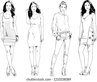 vector drawings on the theme of beautiful slim sporty girl in casual clothes in various poses painted ink hand sketch with no background
