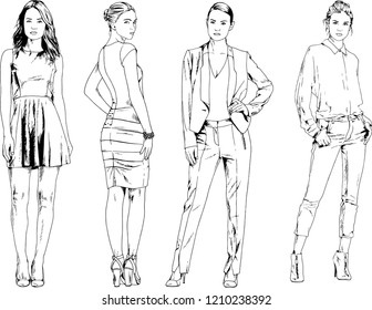 vector drawings on the theme of beautiful slim sporty girl in casual clothes in various poses painted ink hand sketch with no background