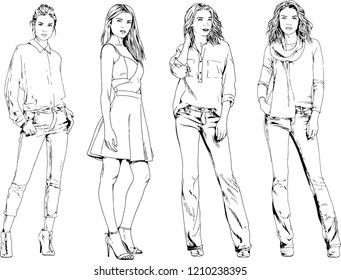 vector drawings on the theme of beautiful slim sporty girl in casual clothes in various poses painted ink hand sketch with no background