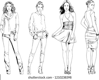 vector drawings on the theme of beautiful slim sporty girl in casual clothes in various poses painted ink hand sketch with no background