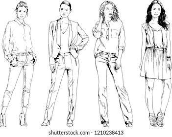 vector drawings on the theme of beautiful slim sporty girl in casual clothes in various poses painted ink hand sketch with no background