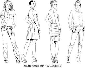 vector drawings on the theme of beautiful slim sporty girl in casual clothes in various poses painted ink hand sketch with no background