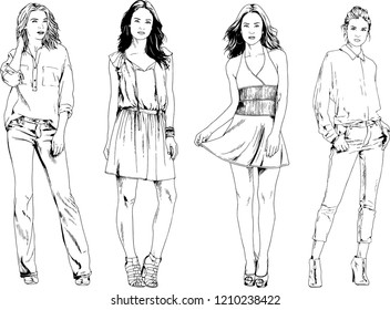 vector drawings on the theme of beautiful slim sporty girl in casual clothes in various poses painted ink hand sketch with no background