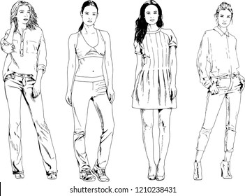 vector drawings on the theme of beautiful slim sporty girl in casual clothes in various poses painted ink hand sketch with no background