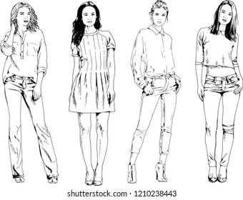 vector drawings on the theme of beautiful slim sporty girl in casual clothes in various poses painted ink hand sketch with no background