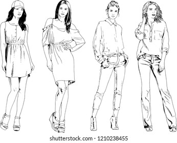 vector drawings on the theme of beautiful slim sporty girl in casual clothes in various poses painted ink hand sketch with no background