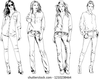 vector drawings on the theme of beautiful slim sporty girl in casual clothes in various poses painted ink hand sketch with no background
