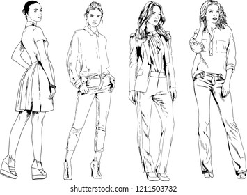 vector drawings on the theme of beautiful slim sporty girl in casual clothes in various poses painted ink hand sketch with no background