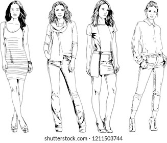 vector drawings on the theme of beautiful slim sporty girl in casual clothes in various poses painted ink hand sketch with no background